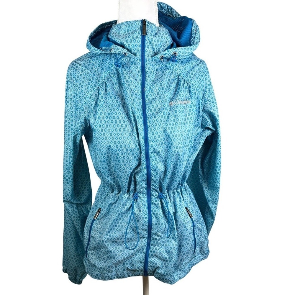 Columbia Blue Geometric Print  Hooded Windbreaker Drawstring‎ Waist Women's - S